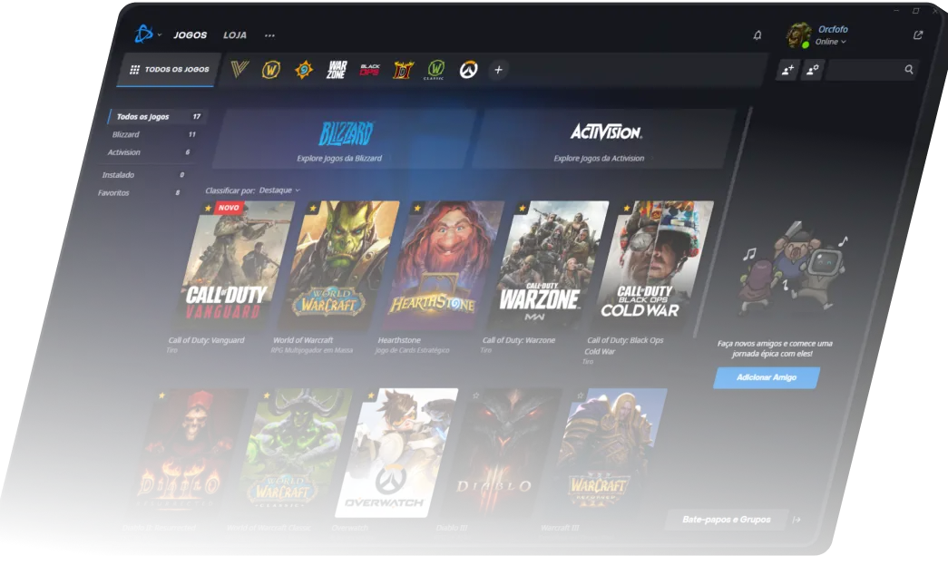 Captura da tela e jogos do aplicativo da Blizzard